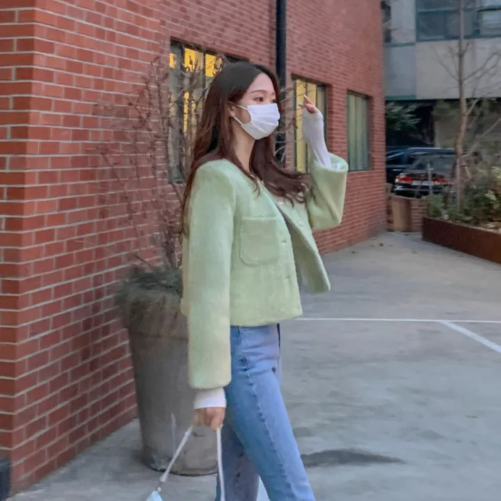 [2천장돌파‍🔥누빔선택!!] 앙고라 트위드 국내 펄 콕콕 퍼 겨울 트위드 자켓 노카라 포켓 간절기 하객룩 크롭 숏자켓 그린 소라 아이보리 핑크 상세 이미지 73