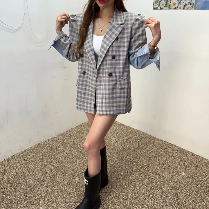 [봄신상/유니크아우터] 루즈핏 잔 체크 반반 데님 퍼프 퍼프 자켓 1COLOR 상세 이미지 9