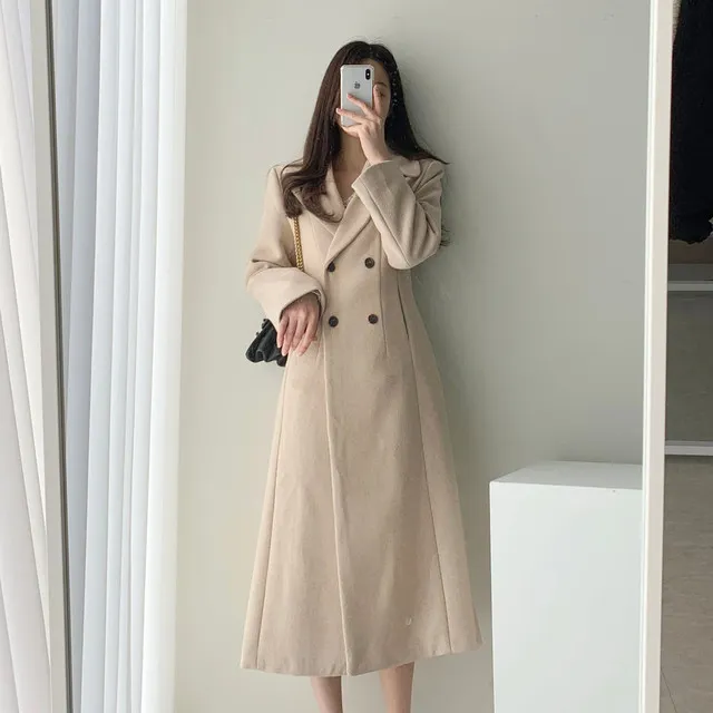 A라인 슬림 롱 플레어 더블 버튼 울코트 블랙 베이지 상세 이미지 53