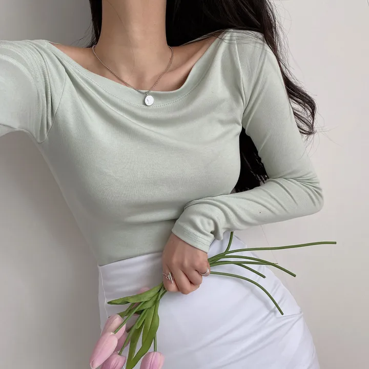 [찰랑~여리~/오프숄더O] 보트넥 입술넥 오프숄더 슬림 여리여리한 페미닌 긴팔 티셔츠 상세 이미지 21