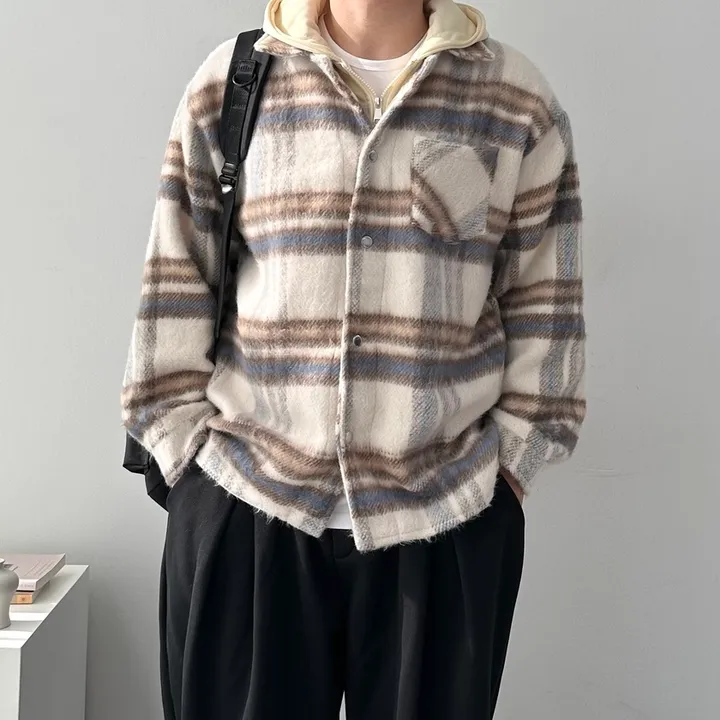오버핏 체크 하프 코트 자켓 후드 레이어드 미니멀 빅사이즈 아우터 후드레이어드하프체크코트 상세 이미지 13