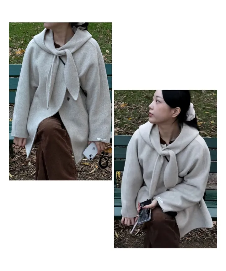 [핸메코/하프코트] 스카프 래빗 울 핸드메이드 하프 코트 (핸메코, 울핸메코, 울핸드메이드코트, 초봄까지, 봄코트, 러블리룩, 아방핏, 데일리룩, 데이트룩, 페미닌룩) 상세 이미지 17