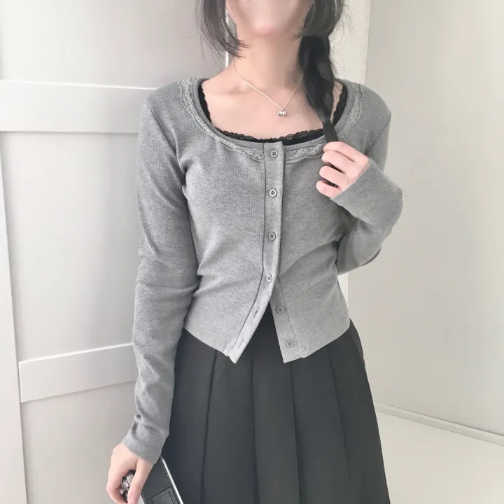 [러블리/레이스🖤/슬림핏] 라운드 스퀘어 레이스 골지 가디건 상세 이미지 5