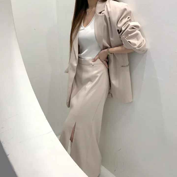 *한정수량원가 SALE* 국내 하이퀄리티 기본 수트 자켓 절개 슬릿 롱 스커트 하객룩 정장 오피스룩 투피스 세트 셋업 2color 상세 이미지 10