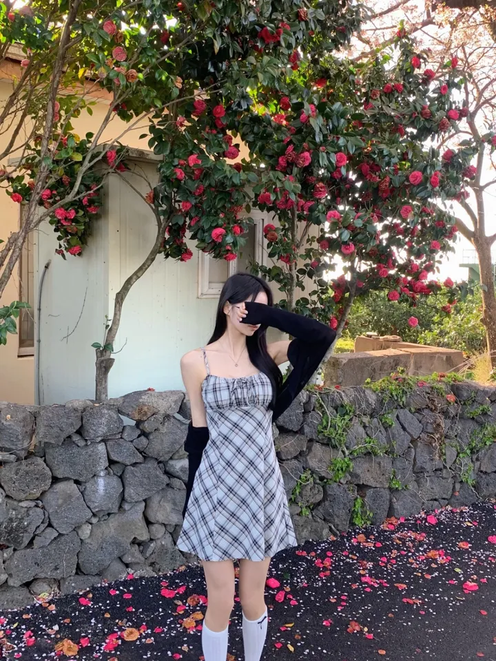[세트가격❤️/예쁨보장!] 린넨 체크 셔링 리본 플레어 a라인 볼레로 크롭 가디건 원피스 투피스 세트;3color <여행룩/길이오절/핏존예!> 상세 이미지 32