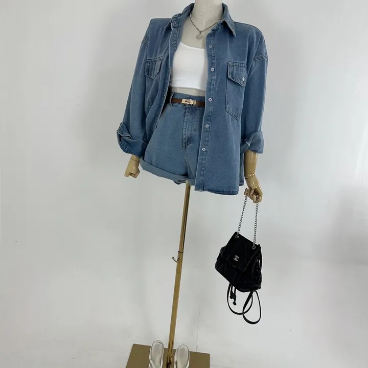 [하이틴/캐주얼/데일리/청청코디/세트가격💕] 루즈핏 포켓 워싱 데님 또또 셔츠 남방 자켓 + 하이 뒷밴딩 데님 숏반바지 팬츠 SET (2COLOR) 상세 이미지 19