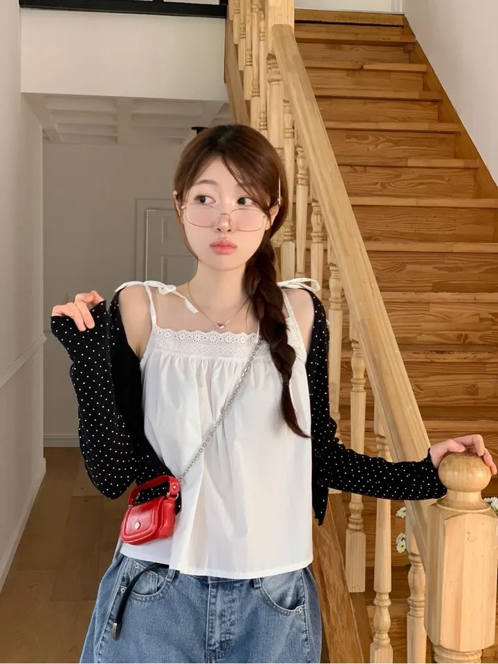 [도트가디건🖤]아떼 여리핏 도트 패턴 코튼 브이넥 롱슬리브 크롭 물결 가디건 3color 상세 이미지 22