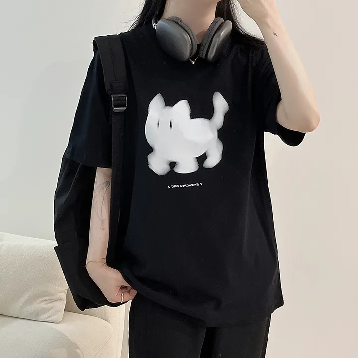 🖤[당일출고/남녀공용]🖤 고양이 캣 빅사이즈 박시핏 루즈핏 오버핏 박시티 반팔 티 티셔츠 여름 면티 커플티 커플룩 커플 커플잠옷 순면 잠옷 파자마 상하세트 체크바지 프리미엄 무 상세 이미지 18