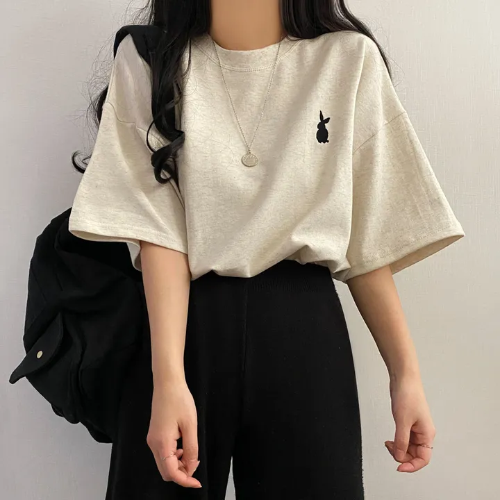 [넉넉/데일리] 러블리 래빗 자수 오버핏 반팔티T 상세 이미지 4