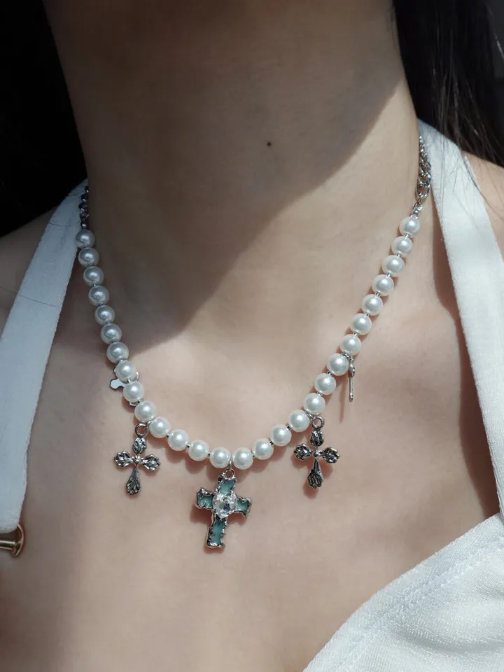 blue cross necklace | 블루 하트 십자가 진주 목걸이 상세 이미지 18