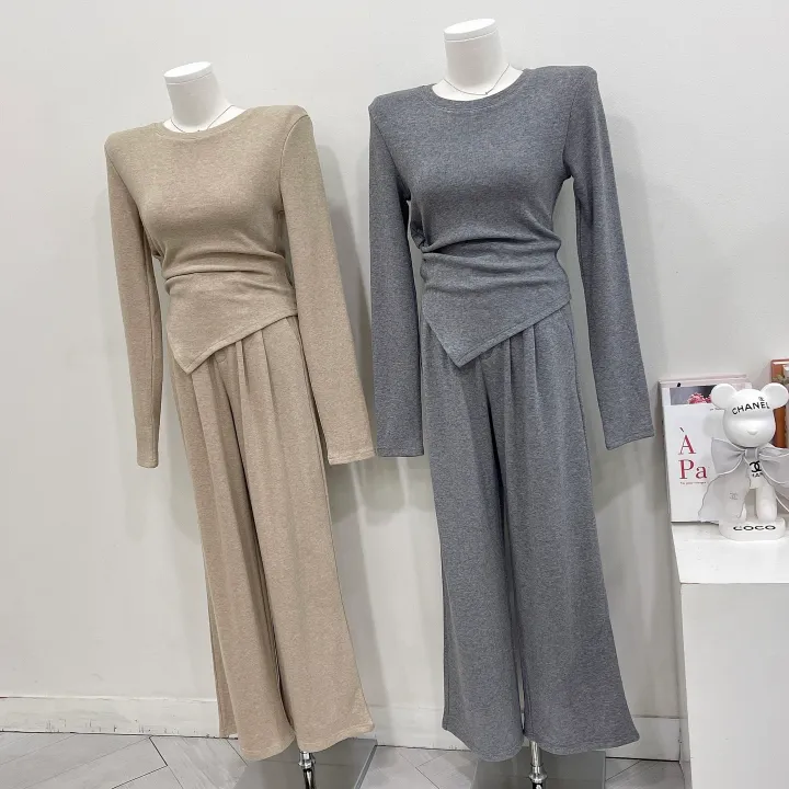 [글램핏/set]*핏보장* 봄신상 간절기까지 쭉~ 꼬임 언발 사선 슬림핏 핀턱 와이드팬츠 밴딩슬랙스 버튼 지퍼 하객룩 캐주얼  소재탄탄 꾸안꾸 데일리 멜팅 투피스 세트 3color 상세 이미지 8
