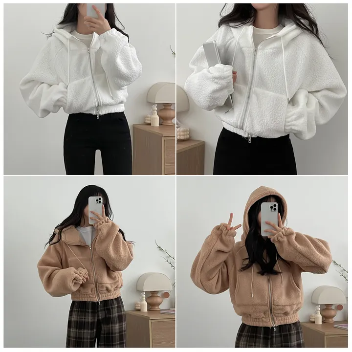 양털 덤블 크롭 후드 집업 상세 이미지 1