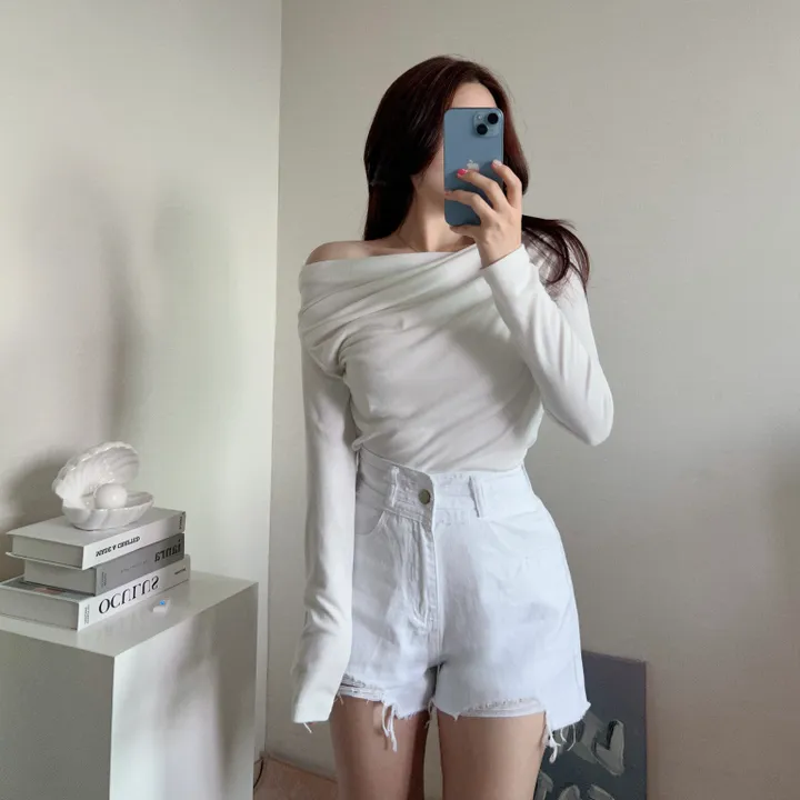 밑단u![군살커버여유핏/살짝오프숄더-]가슴안감으로 비침없는, 드레이핑 셔링 밑단 라운드 굴림 언발 쫀득 고퀄 분위기 여신 긴팔 크롭 루즈핏 티셔츠 (4col):리틀페어리 상세 이미지 9