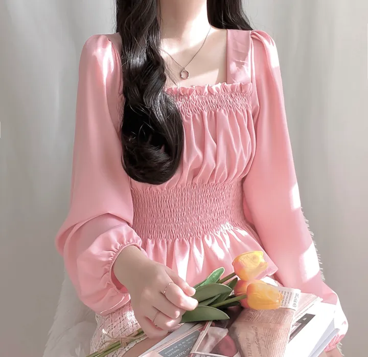 [체형보정/살랑쉬폰] 샤인 스퀘어넥 프릴 셔링 스모크 밴딩 퍼프 블라우스 상세 이미지 28