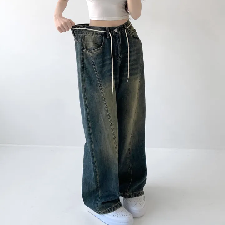 [색감깡패🖤/끈탈부착O] 미드나잇 뒷밴딩 스트링 스트랩 하이웨스트 절개라인 빈티지 워싱 롱 와이드 데님 팬츠 밴딩바지 청바지 사계절청바지 상세 이미지 21