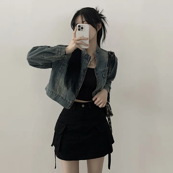 [빈티지힙] 투웨이 데미지 바이커 크롭 워싱 데님 자켓 상세 이미지 6