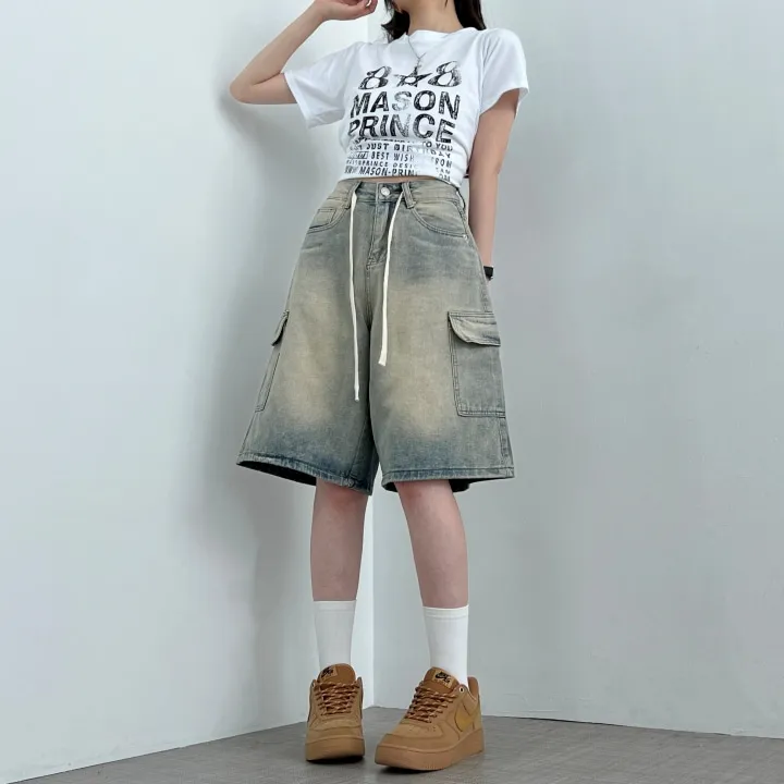 1+1할인 [인생핏/사이즈조절] Y2K 빈티지 워싱 스트랩 카고 와이드 버뮤다 데님 반바지 팬츠 상세 이미지 10