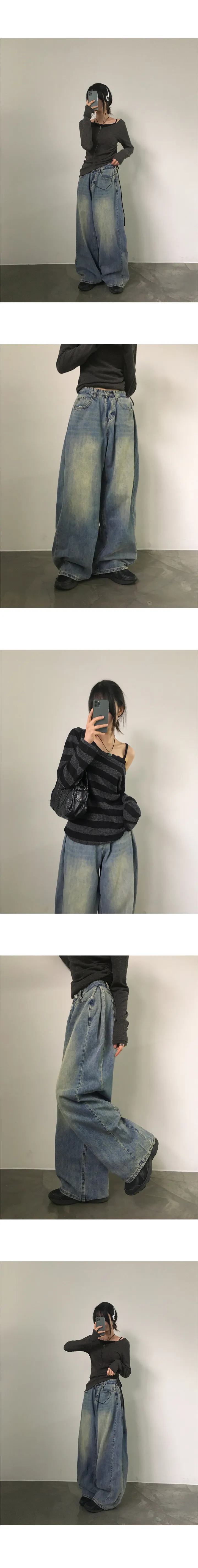 [롱,숏/5color] 코온 사이드 핀턱 벌룬핏 빈티지 워싱 롱 와이드 데님 팬츠 상세 이미지 3
