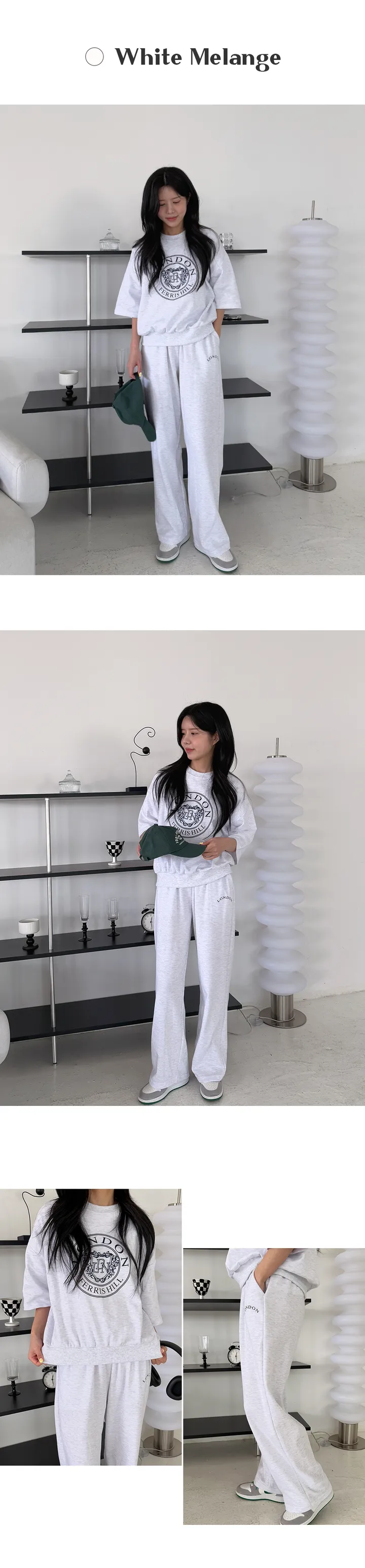 [당일배송👍/반팔츄리닝] 런던 레터링 반팔 트레이닝세트 라운드넥 맨투맨 밴딩 와이드팬츠 오버핏 여자츄리닝 상세 이미지 4