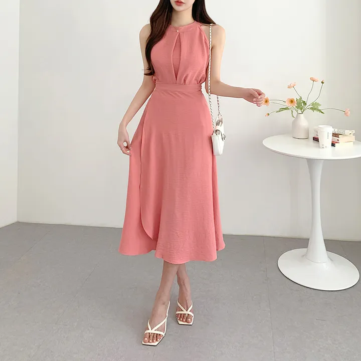 [블라우스+스커트set❤] 무드 홀터넥 나시 민소매 블라우스 랩 롱스커트 휴양지룩 투피스 세트 / 바캉스룩 하객룩 데이트룩 소개팅룩 파티룩 리조트룩 상세 이미지 9