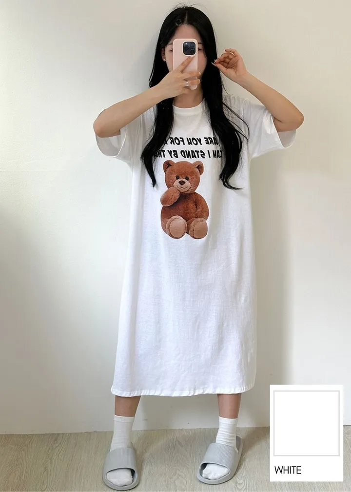 [국내/부드러운] 베어🐻 프린팅 반팔 롱 원피스 - 4color 상세 이미지 4