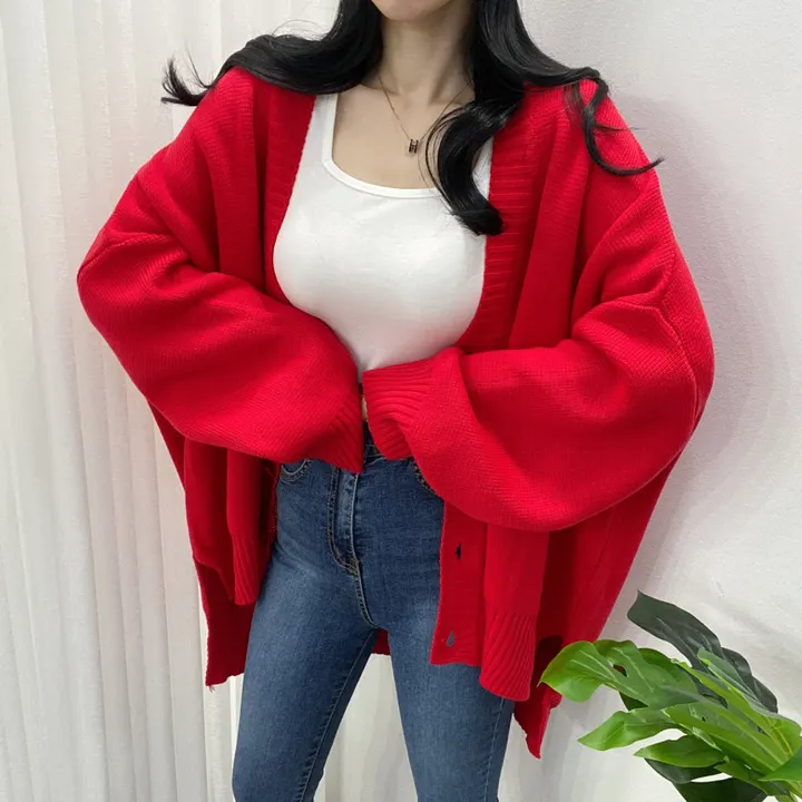 🚀당일발송-레드/블랙🚀[고퀄/데일리룩] 봄🌸 가을 디얼 터크 언발 오버핏 니트 가디건 상세 이미지 18