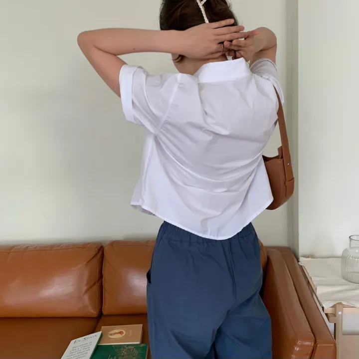 [비침X,베이직] 8컬러 제이 크롭 카라 코튼 반팔 셔츠 상세 이미지 23