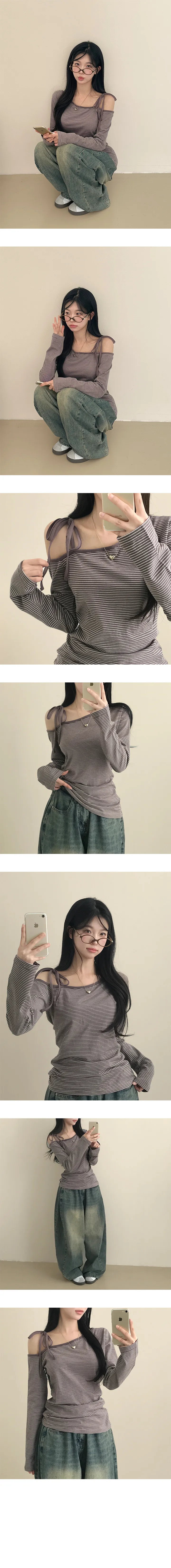 *묶음할인[포인트템!/꾸안꾸] 리본 원숄더 스트라이프 긴팔티 상세 이미지 10