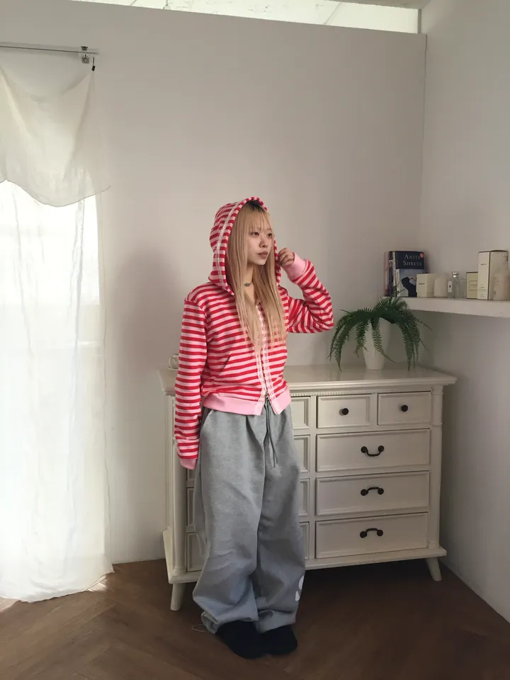 striped lace hooded zip-up [3color] 상세 이미지 8