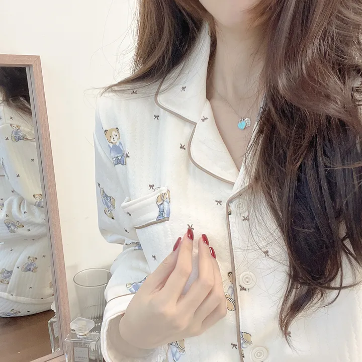 [New레이스 누빔] 귀여워 베이비 곰돌이 누빔 베이지 아이보리 테디베어 포켓 셔츠 겨울 긴팔 파자마 잠옷 세트 #B.Night #3049 상세 이미지 13
