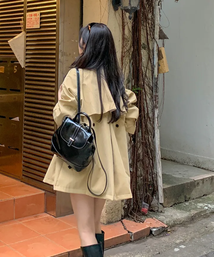 [귀욤아방핏🤎완전강츄] 하이넥 하프 숏 트렌치코트 오버핏 루즈핏 A라인 케이프 바바리 자켓 야상 점퍼 봄 가을 간절기 아우터 데일리룩 2COL 상세 이미지 2