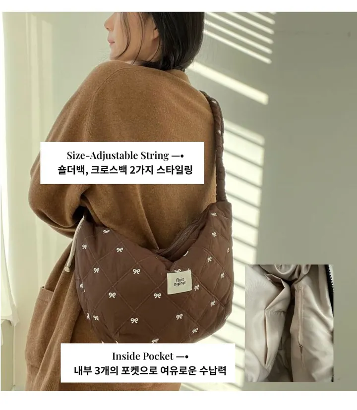 [머스트템/작은데 은근 보부상백]개강룩/여행필수템/곱창끈 리본자수 스트링 숄더 퀼팅백 상세 이미지 6