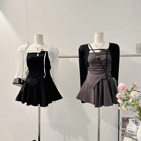 ❤️최저가❤️ *3pc [세트가격!/하이틴!] 펜시 스트랩 셔링나시 언발 사선 튜브탑 크롭나시 긴팔 크롭가디건 니트가디건 볼레로가디건 밴딩 A라인 플레어 미니스커트 여름투피스 세트 상세 이미지 3