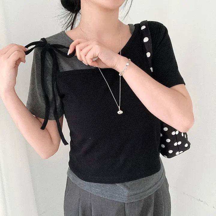 [set/핏보장] 리본 배색 레이어드 반팔 티셔츠 투피스 세트 3col 상세 이미지 25