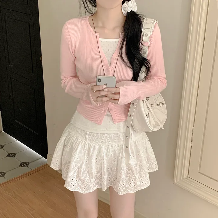 [고퀄!청순여리핏🤍] 러블리색감~ 파스텔 허리잘록 골지 슬림핏 봄여름 긴팔 크롭 니트가디건 소라 딸기우유 여름쿨톤 추천 벚꽃룩 상세 이미지 17