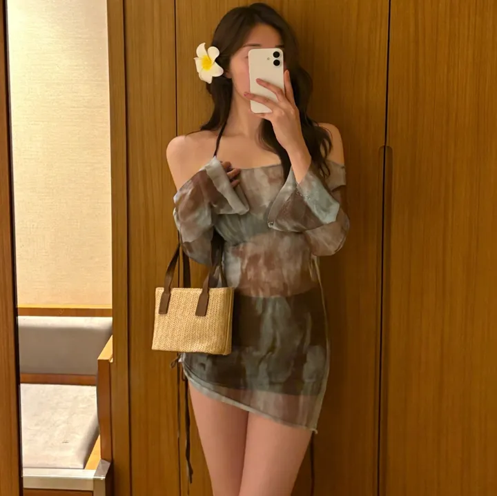 [당일출고] (M-XL) 오프숄더티+숏팬츠+와이어 3피스 비키니 세트 상세 이미지 6