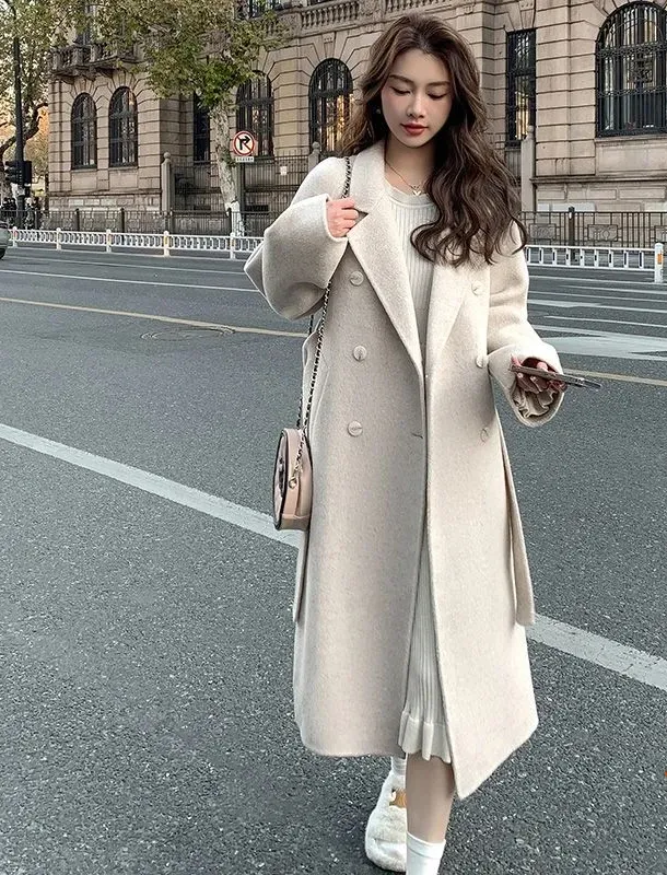 파스텔 더블 버튼 빅카라 테일러드 벨트 모직 롱 코트 상세 이미지 4