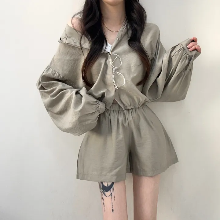 [한여름까지!/살안타템] 벌룬 끝판왕! 린넨 아방핏 크롭 밴딩 셔츠 후드 집업+실키 하이웨스트 3부 숏팬츠 반바지 투피스 세트 5color 상세 이미지 24
