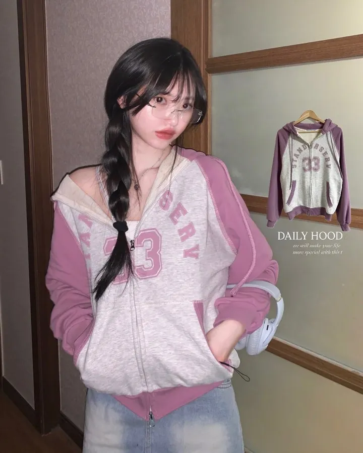 루즈오버핏! 투웨이 배색 레터링 후드집업 -2col 상세 이미지 1