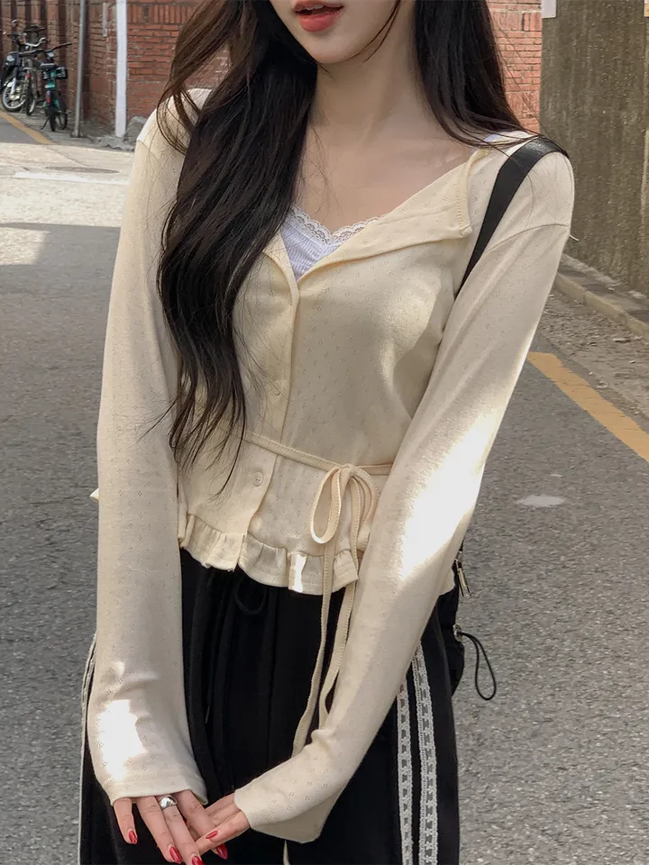 [머플러set/파스텔색감] 아투 라운드넥 펀칭 아일렛 프릴 여리핏 긴팔 가디건 3colors 상세 이미지 5