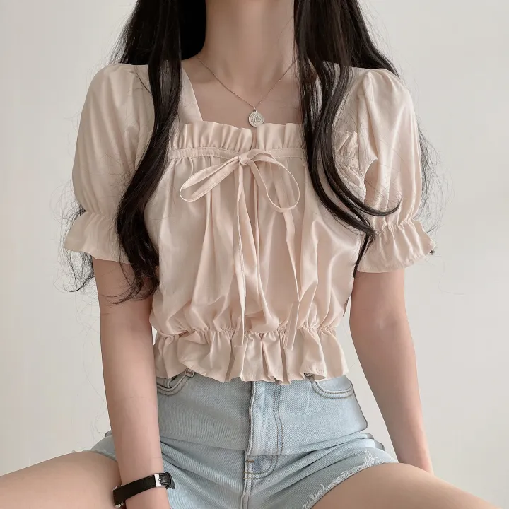 (4color) 여름기분 리본 퍼프스타일 반팔 블라우스 상세 이미지 11