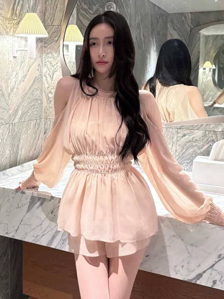 [요정템🧚] 물복숭아 쉬폰 플로럴 어깨트임 3단 코르셋 리본끈 투피스 세트 상세 이미지 11