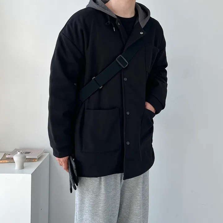 가을 겨울 오버핏 하프 코트 미니멀 빅사이즈 아우터 보온안감후드블랙코트 상세 이미지 19