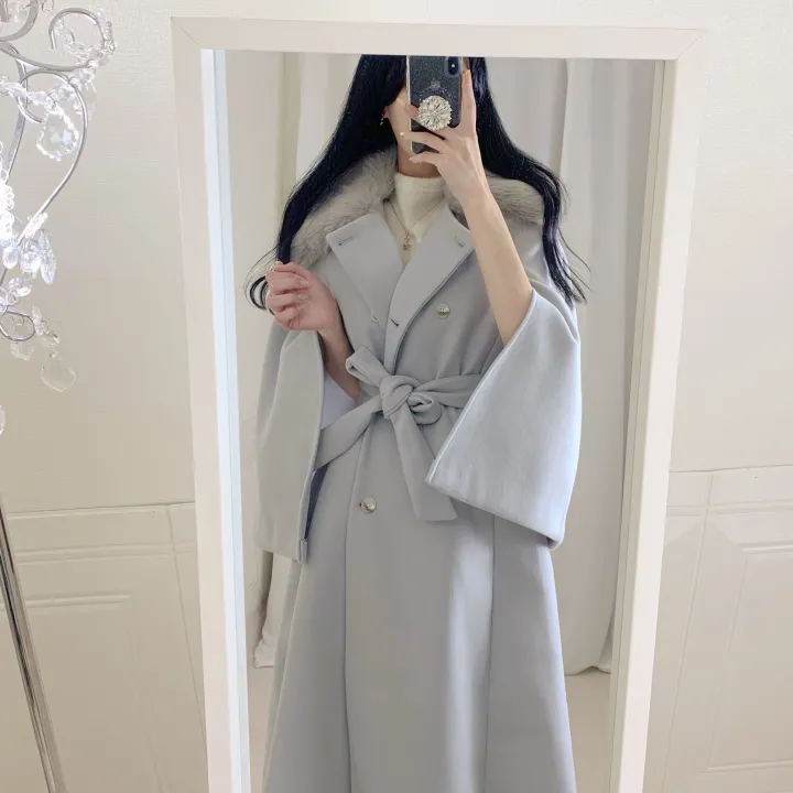 [롱케이프코트💗/고퀄보장✨] 롱VER. 알콩 울 캐시미어 폭스퍼 페이크퍼 밍크퍼 누빔안감 케이프 벨트 버튼 고급 우아 롱 판쵸 코트 망토 자켓 (4color) 연말룩 크리스마스 상세 이미지 30