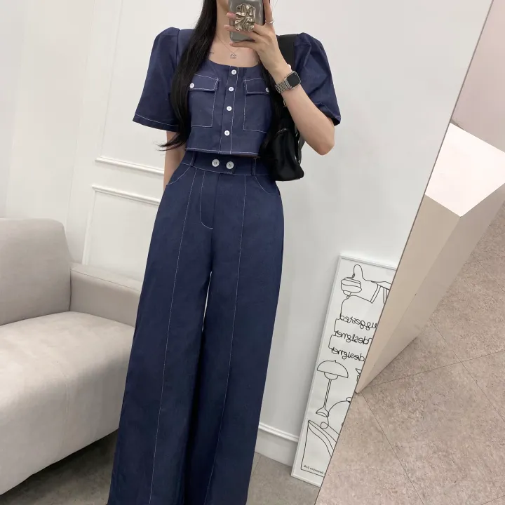 [SET!]데님 스티치 스퀘어넥 크롭 퍼프 자켓 롱 와이드 팬츠 투피스 세트 1color 상세 이미지 5