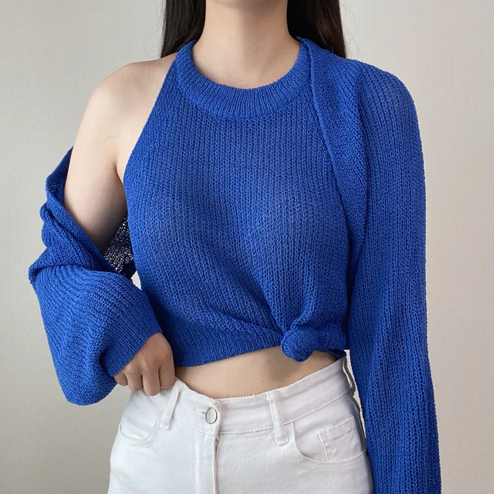 최저가! [자외선차단/필수템] 페스티벌 워터밤 흠뻑쇼 썸머 휴가룩 여리 블루 파랑 볼레로 크롭 니트 가디건 상세 이미지 13