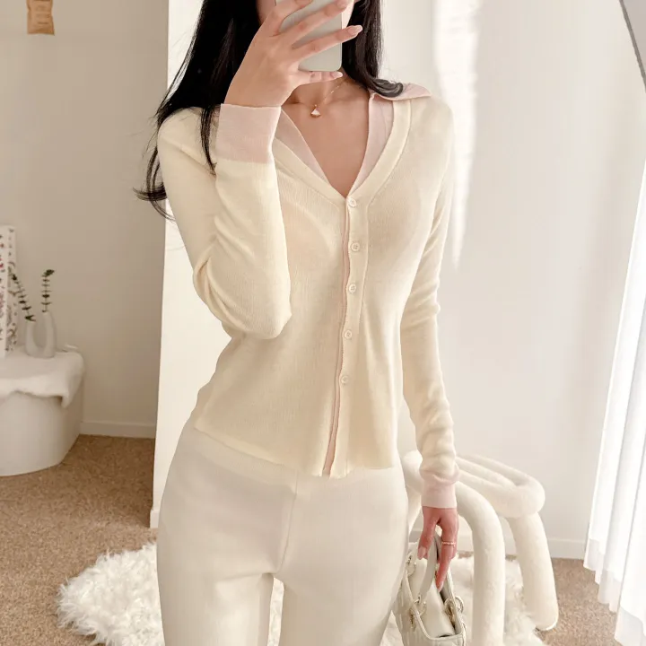 파스텔 카라 레이어드 니트 가디건 상세 이미지 15