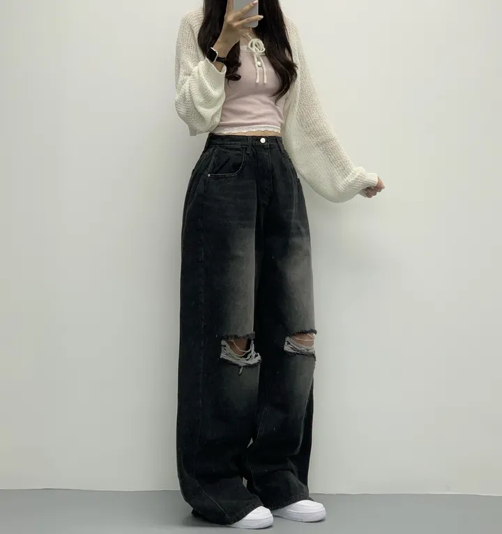 당일🚀[숏,롱/~XL/찐인생바지] 슬릿 찢청 폴딩 빈티지워싱 벌룬핏 옆핀턱 와이드팬츠 무릎트임 데님 청바지 기장선택 빅사이즈까지 오버핏팬츠 여름청바지 상세 이미지 35