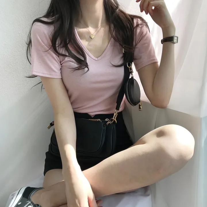 [퀄보장] *오늘출발* 부드러운 크림, 브이넥 무지반팔티 (쫀득핏 슬림 기본 반팔 티셔츠/이너티/기본티/무지티/레이어드티) 상세 이미지 29