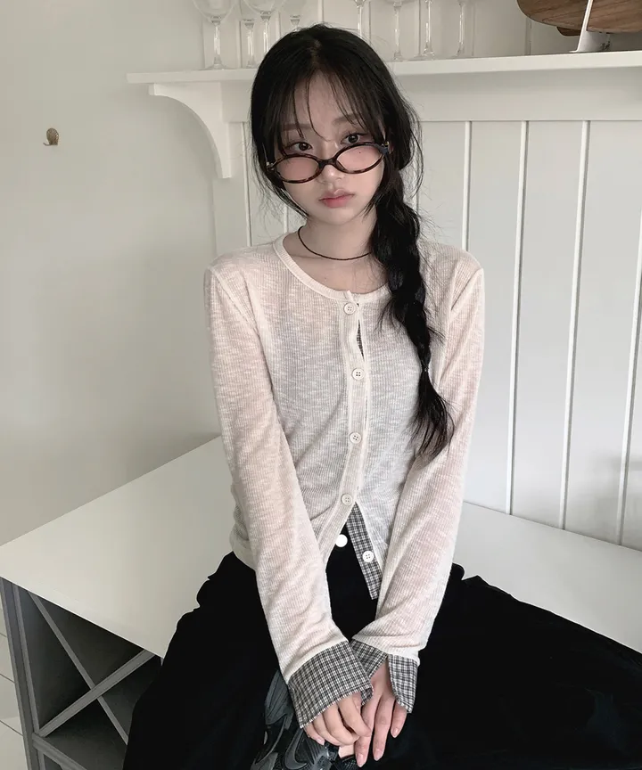 [봄가디건🌷] 띠네 슬럽 배색 체크 커프스 라운드 시스루 니트 가디건 봄 여름 가을 / 봄가디건 여름가디건 레이어드 봄아우터 체크셔츠 뮤잉 상세 이미지 23